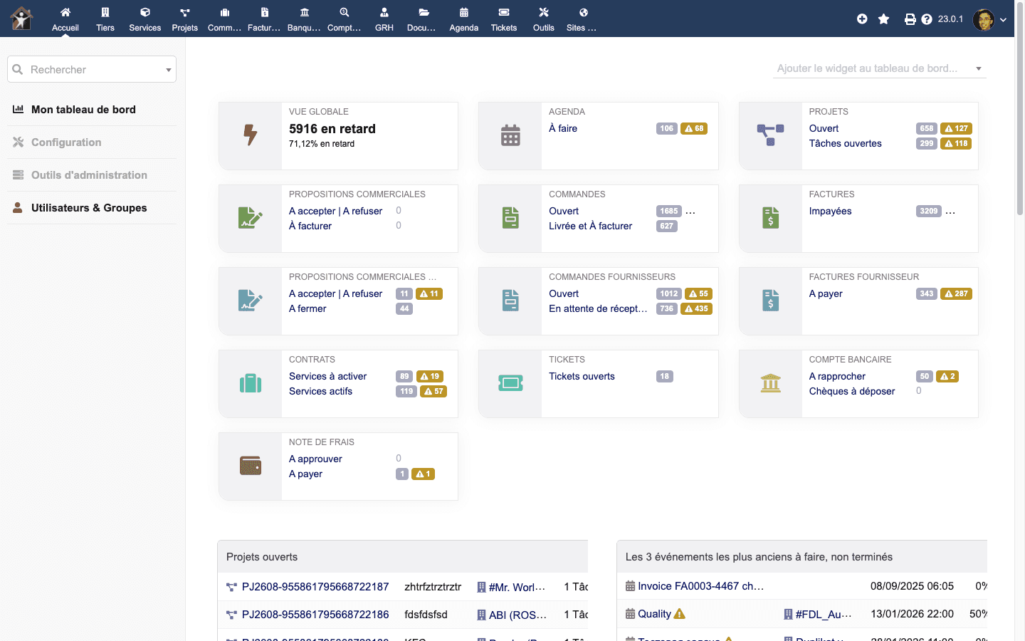 Tableau de bord Dolibarr : devis, commandes, factures, contrats et banque au même endroit