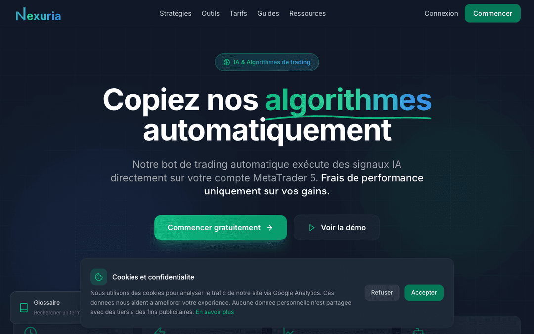 Site Nexuria, SaaS de trading créé par GooServices
